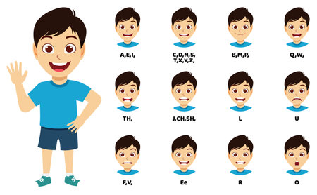 Cute kid boy character posing waving with mouth animation lip sync isolatedのイラスト素材