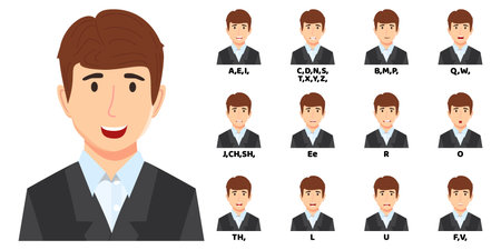 Cute cartoon businessman avatar face mouth animation with expression lip sync isolatedのイラスト素材