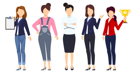Cute cartoon businesswoman character team standing holding clipboard trophy isolatedのイラスト素材