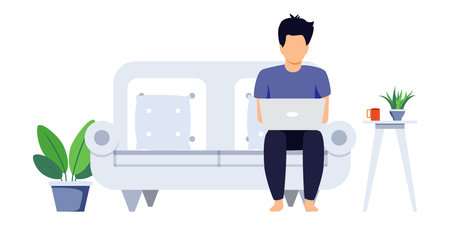 Freelancer working on home office workspace isolated with houseplantsのイラスト素材