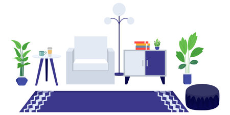 Modern home interior seating space for relaxing with armchair sofa cabinet and with houseplant coffeeのイラスト素材
