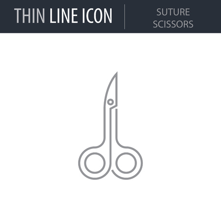 Symbol of Suture Scissors. Thin line Icon of Dentist Tools. Stroke Pictogram Graphic for Web Design. Quality Outline Vector Symbol Concept. Premium Mono Linear Beautiful Plain Laconic Logoのイラスト素材
