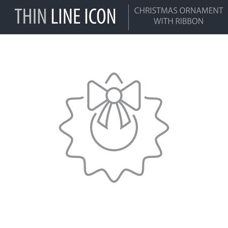 Symbol of Christmas Ornament With Ribbon. Thin line Icon of Merry Christmas. Stroke Pictogram Graphic for Web Design. Quality Outline Vector Symbol Concept. Premium Mono Linear Beautifulのイラスト素材
