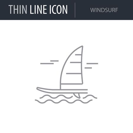 Symbol of Windsurf. Thin line Icon of Set of Sport Equipment. Stroke Pictogram Graphic for Web Design. Quality Outline Vector Symbol Concept. Premium Mono Linear Beautiful Plain Laconic Logoのイラスト素材