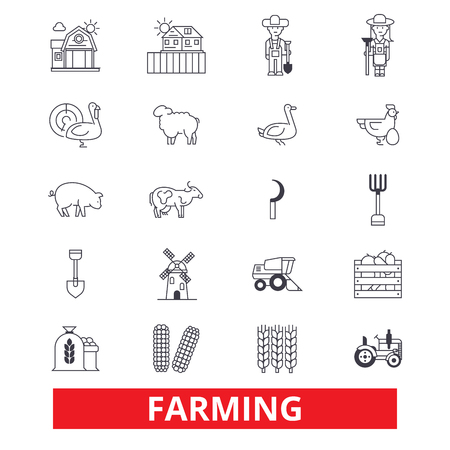 Farming, garden, plant, tractor, harvest, village farm, farmers, agriculture line icons. Editable strokes. Flat design vector illustration symbol concept. Linear signs isolated on white backgroundのイラスト素材