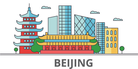 Beijing city skyline. Buildings, streets, silhouette, architecture, landscape, panorama, landmarks. Editable strokes. Flat design line vector illustration concept. Isolated icons on white backgroundのイラスト素材