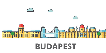 Budapest city skyline. Buildings, streets, silhouette, architecture, landscape, panorama, landmarks. Editable strokes. Flat design line vector illustration concept. Isolated icons on white backgroundのイラスト素材