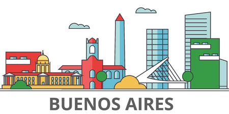 Buenos Aeros city skyline: buildings, streets, silhouette, architecture, landscape, panorama, landmarks. Editable strokes. Flat design line vector illustration concept. Isolated icons on backgroundのイラスト素材