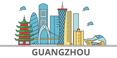 Guangzhou city skyline. Buildings, streets, silhouette, architecture, landscape, panorama, landmarks. Editable strokes. Flat design line vector illustration concept. Isolated icons on white backgroundのイラスト素材