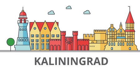 Kaliningrad city skyline. Buildings, streets, silhouette, architecture, landscape, panorama, landmarks. Editable strokes. Flat design line vector illustration concept Isolated icons on backgroundのイラスト素材
