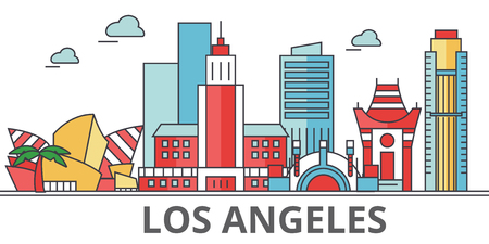 Los Angeles city skyline, buildings, streets, silhouette, architecture, landscape, panorama, landmarks. Editable strokes. Flat design line vector illustration concept. Isolated icons on backgroundのイラスト素材