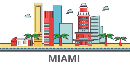 Miami city skyline. Buildings, streets, silhouette, architecture, landscape, panorama, landmarks. Editable strokes. Flat design line vector illustration concept. Isolated icons on white backgroundのイラスト素材