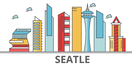 Seattle city skyline. Buildings, streets, silhouette, architecture, landscape, panorama, landmarks. Editable strokes. Flat design line vector illustration concept. Isolated icons on white backgroundのイラスト素材