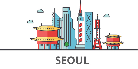 Seoul city skyline. Buildings, streets, silhouette, architecture, landscape, panorama, landmarks. Editable strokes. Flat design line vector illustration concept. Isolated icons on white backgroundのイラスト素材