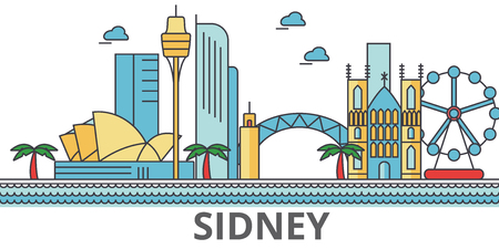 Sidney city skyline. Buildings, streets, silhouette, architecture, landscape, panorama, landmarks. Editable strokes. Flat design line vector illustration concept. Isolated icons on white backgroundのイラスト素材