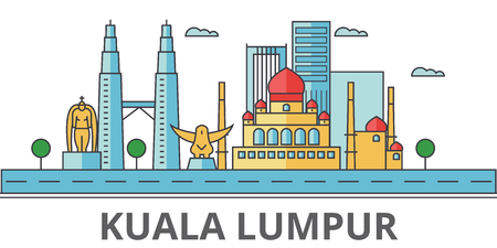 Kuala Lumpur city skyline. Buildings, streets, silhouette, architecture, landscape, panorama, landmarks. Editable strokes. Flat design line vector illustration concept. Isolated icons on backgroundのイラスト素材