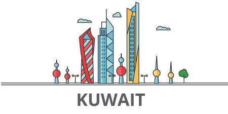 Kuwait city skyline. Buildings, streets, silhouette, architecture, landscape, panorama, landmarks. Editable strokes. Flat design line vector illustration concept. Isolated icons on white backgroundのイラスト素材
