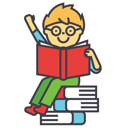 Smiling kid sitting on a pile of books while reading flat linear illustration isolated on white backgroundのイラスト素材