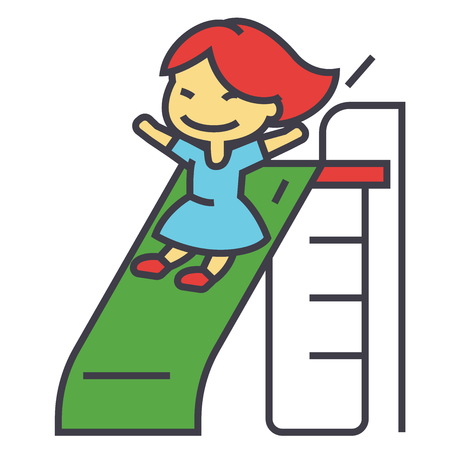 Girl on children slide, playing kid, kindergarten concept. Line vector icon. Editable stroke. Flat linear illustration isolated on white backgroundのイラスト素材