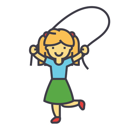 Girl with jumping rope concept. Line vector icon. Editable stroke. Flat linear illustration isolated on white backgroundのイラスト素材