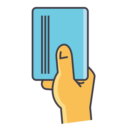 Businessman hand holding empty blank paper or visit card concept. Line vector icon. Editable stroke. Flat linear illustration isolated on white backgroundのイラスト素材