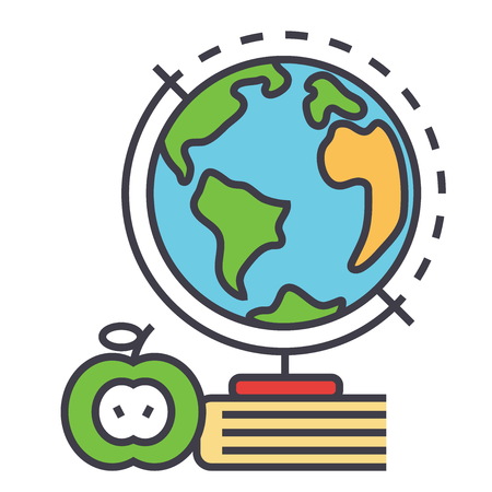 Knowledge, book, globus, globe, study, learning concept. Line vector icon. Editable stroke. Flat linear illustration isolated on white backgroundのイラスト素材