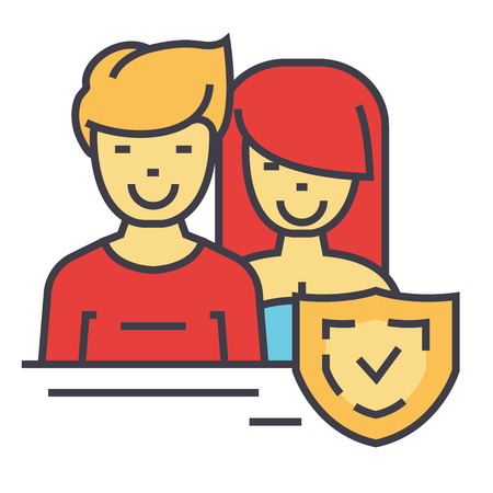 Man and woman safety, shield, warranty concept. Line vector icon. Editable stroke. Flat linear illustration isolated on white backgroundのイラスト素材
