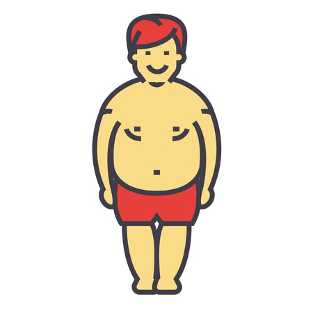 Fat man before diet and fitness concept. Line vector icon. Editable stroke. Flat linear illustration isolated on white backgroundのイラスト素材
