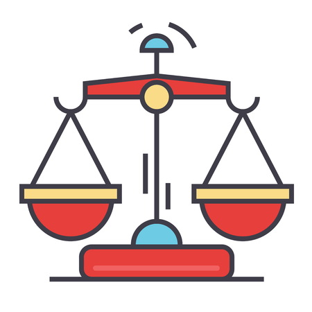 Law and justice scales concept. Line vector icon. Editable stroke. Flat linear illustration isolated on white backgroundのイラスト素材