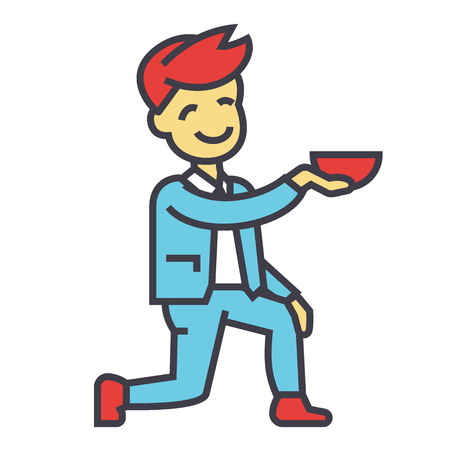 Man gets down on one knee, wedding agreement concept. Line vector icon. Editable stroke. Flat linear illustration isolated on white backgroundのイラスト素材