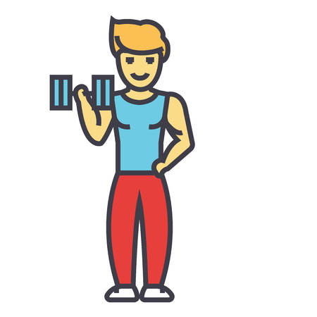 Strong man doing exercises with weights in gym concept. Line vector icon. Editable stroke. Flat linear illustration isolated on white backgroundのイラスト素材