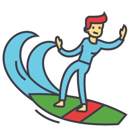 Surfing man, surfer with surfboard concept. Line vector icon. Editable stroke. Flat linear illustration isolated on white backgroundのイラスト素材