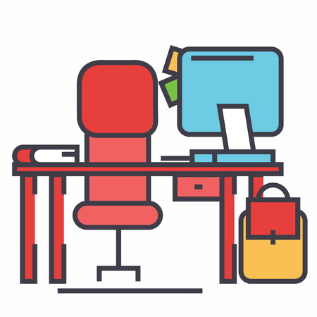 Office desk with computer and chair concept. Line vector icon. Editable stroke. Flat linear illustration isolated on white backgroundのイラスト素材