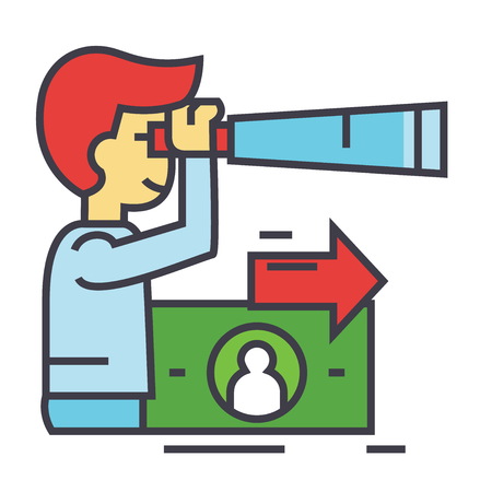 Strategic vision, future trends, man with spyglass, strategy concept. Line vector icon. Editable stroke. Flat linear illustration isolated on white backgroundのイラスト素材