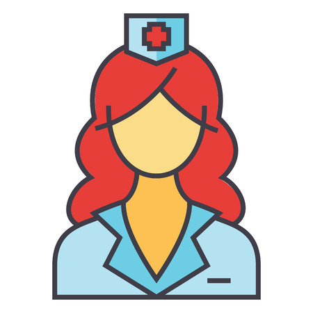 Woman doctor, nurse, medical team concept. Line vector icon. Editable stroke. Flat linear illustration isolated on white backgroundのイラスト素材