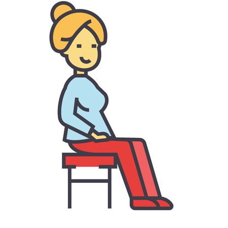 Woman sitting on the chair concept. Line vector icon. Editable stroke. Flat linear illustration isolated on white backgroundのイラスト素材