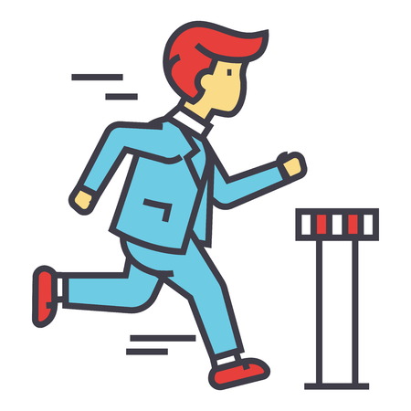 Businessman run cross finish line, business race, ceo marathon concept. Line vector icon. Editable stroke. Flat linear illustration isolated on white backgroundのイラスト素材