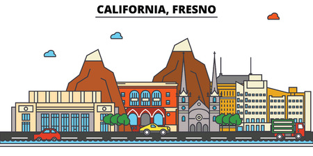 California, Fresno.City skyline: architecture, buildings, streets, silhouette, landscape, panorama, landmarks. Editable strokes. Flat design line vector illustration concept. Isolated iconsのイラスト素材
