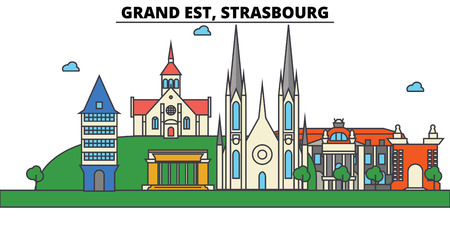 France, Strasbourg, Grand Est. City skyline: architecture, buildings, streets, silhouette, landscape, panorama, landmarks in Editable strokes, Flat design line illustration concept.のイラスト素材