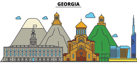 Georgia, Tbilisi. City skyline: architecture, buildings, streets, silhouette, landscape, panorama, landmarks in Editable strokes, Flat design line illustration concept.のイラスト素材