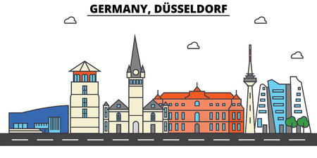 Germany, Dusseldorf. City skyline: architecture, buildings, streets, silhouette, landscape, panorama, landmarks in Editable strokes, Flat design line illustration concept.のイラスト素材