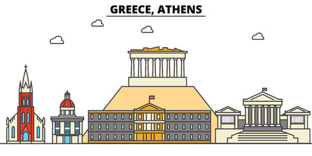 Greece, Athens city skyline: architecture, buildings, streets, silhouette, landscape, panorama, landmarks. Editable strokes flat design line vector illustration concept.のイラスト素材