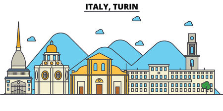 Italy, Turin city skyline: architecture, buildings, streets, silhouette, landscape, panorama, landmarks. Editable strokes flat design line vector illustration concept.のイラスト素材