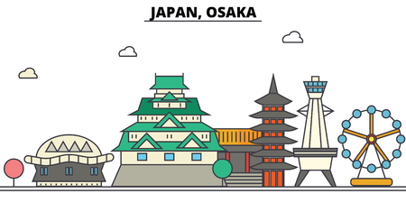 Japan, Osaka City skyline: architecture, buildings, streets, silhouette, landscape, panorama, landmarks. Editable strokes flat design line vector illustration concept.のイラスト素材