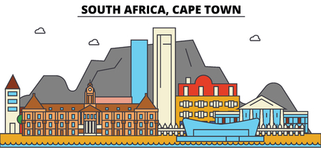 South Africa, Cape Town City skyline: architecture, buildings, streets, silhouette, landscape, panorama, landmarks. Editable strokes flat design line vector illustration concept.のイラスト素材