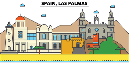 Spain, Las Palmas City skyline: architecture, buildings, streets, silhouette, landscape, panorama, landmarks. Editable strokes. Flat design line vector illustration concept.のイラスト素材