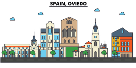 Spain, Oviedo City skyline: architecture, buildings, streets, silhouette, landscape, panorama, landmarks. Editable strokes. Flat design line vector illustration concept.のイラスト素材