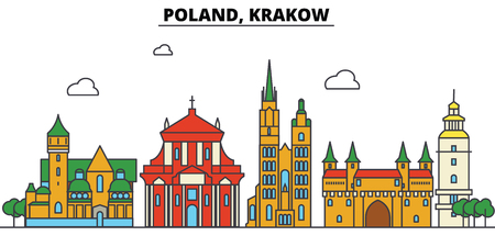 Poland, Krakow City skyline: architecture, buildings, streets, silhouette, landscape, panorama, landmarks. Editable strokes. Flat design line vector illustration concept.のイラスト素材