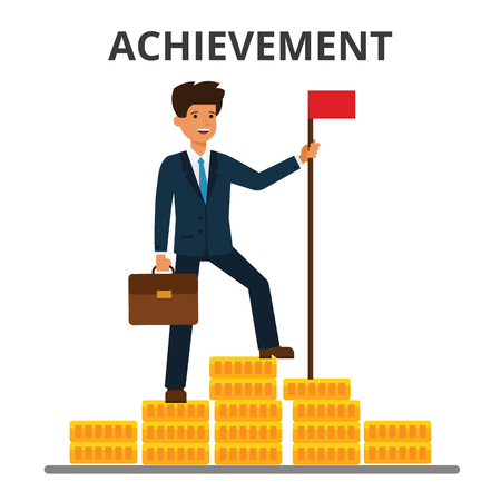 Businessman achieved flag on the top of money mountainのイラスト素材