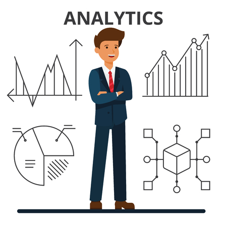 Business analytics. Young businessman looking at financial charts. Management and marketing. Data technology. Flat vector illustration isolated on white background.のイラスト素材